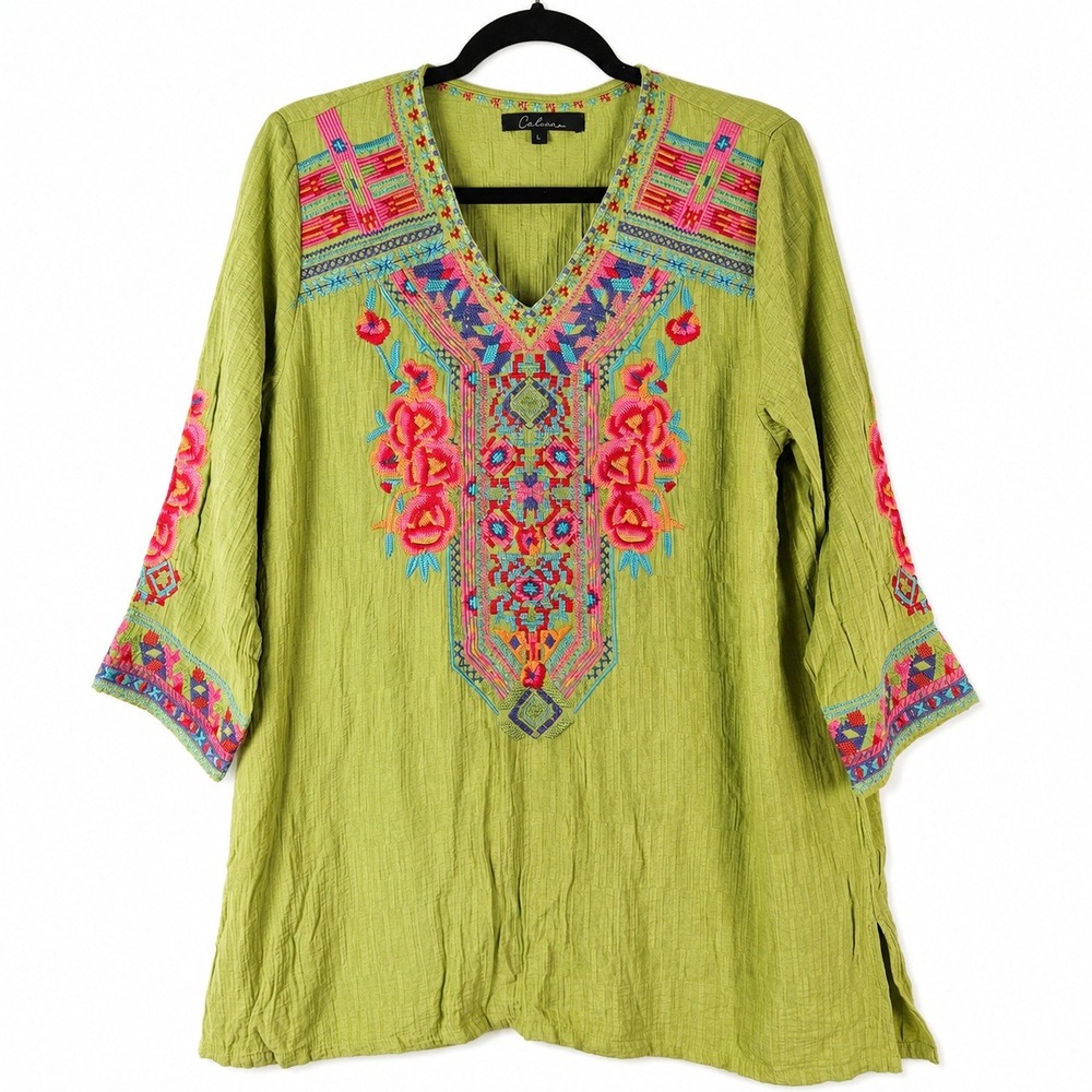 Calessa Top Womens L Green Embroidered 3/4 Sleeve Boho Peasant Festival Vacation